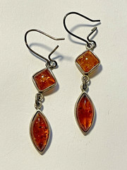 VTG Baltic Amber Diamond & Marquise Cut 925 Sterling Silver Hook Earrings (D195)