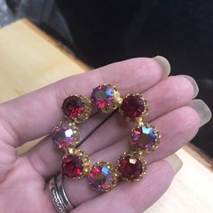 Vintage Austria Stamped Red Rhinestone Circle Brooch with AB Crystals Prong Set
