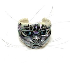 VNTG Rare Ceramic Cuff Bracelet Iridescent Cat With Whiskers, Signed KM 1987