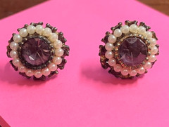 VTG Earrings Simulated Amethyst Brilliant Cut Faux Pearl Screw Back Renaissance