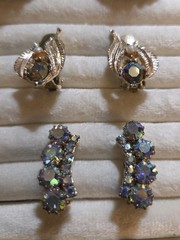 3 Pair Vintage Blue Iridescent AB Stone Clip Earrings