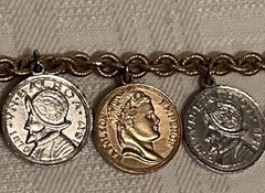 Vintage 1950s Coin Charm Bracelet Napoleon Coins Vasco Nunez de Balboa Coins 8″