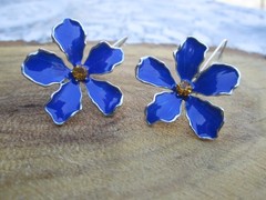 Vintage silver tone Blue enamel flower French wire Earrings orange rhinestones