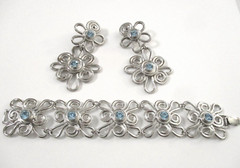 Avon Bracelet & Clip On Earring Set Silver Plated Metal Blue Rhinestones, Signed