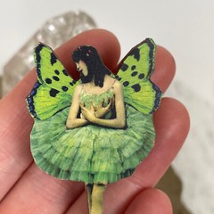 OOAK Handmade BUTTERFLY FAIRY ART BROOCH Artisan Photo Print Jewelry Laser Wood