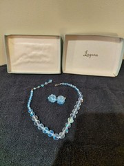 Vintage Laguna Aurora Borealis Blue Faceted Crystal Necklace Clip Earrings Set