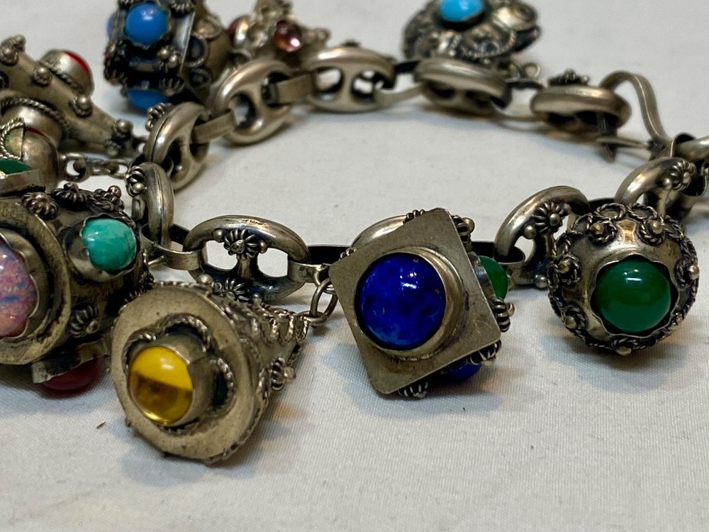 Italian Etruscan Revival 800 Silver Fob Charm Bracelet Semi Precious Stones