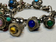 Italian Etruscan Revival 800 Silver Fob Charm Bracelet Semi Precious Stones