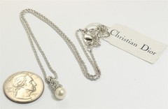 Christian Dior Small Crystal Rhinestone Pearl Pendant Chain Necklace NWT