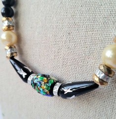 Vtg Japan Laser Cut Metal Lucite Confetti Foil Bead Black Necklace Earrings Set