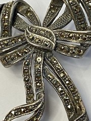 Vintage Ribbon Bow Brooch Pin 925 Sterling Silver Marcasite Rhinestone 11.5 g