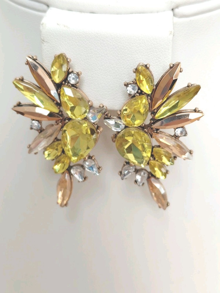 Yellow, Champagne, Clear Rhinestone Earrings / Very Good Condition / 2 In Length