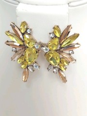 Yellow, Champagne, Clear Rhinestone Earrings / Very Good Condition / 2 In Length