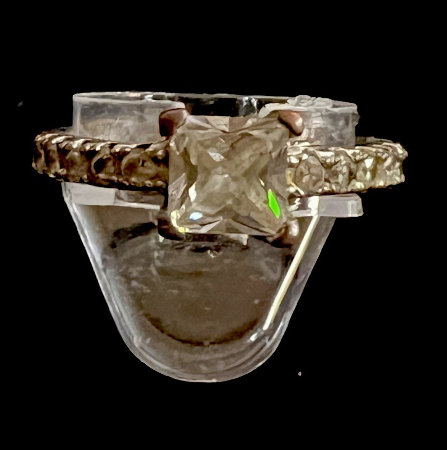 Sterling Princess Cut Engagement Ring W/Five Inset Crystals Each Side Sz 6.5