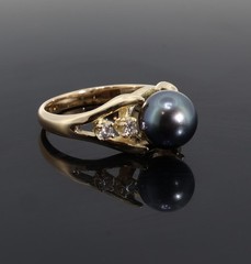Vintage 14k Gold Tahitian Pearl & I Si Diamond Dress Ring Size M1/2 Val $5270
