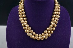 Vtg Signed CA MONOGRAM Three Strand GOLD TONE FAUX PEARL (9.5mm) Necklace 18”