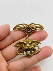 Antique Vintage Art Nouveau Gothic Gargoyle Griffin Crystal Gold Tone Pendant