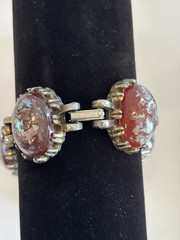 Vintage Lucite Oval Shaped Red Confetti Cabochons Silver Plated Metal Bracelet