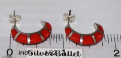Vintage Southwestern Style Sterling Silver Coral Inlay Half Hoop Post Earrings