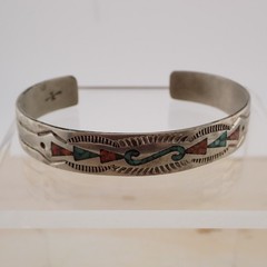 VTG Southwestern Stamp Nickel Silver Turquoise Coral Inlaid 6 1/2″ Cuff Bracelet