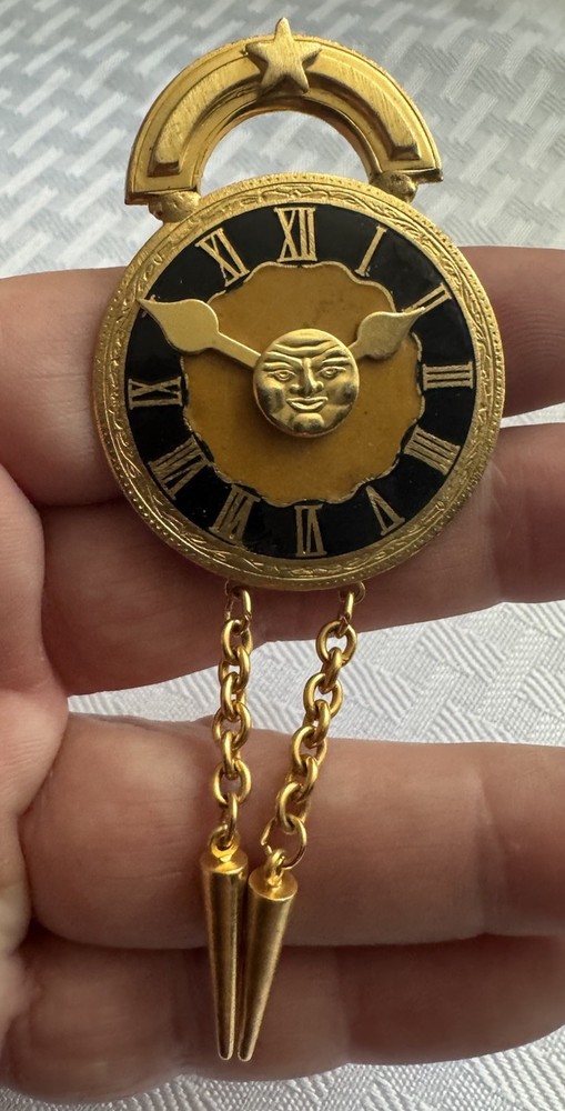 Vintage Pin Celestial Sun Face Clock Face Gold Tone Brooch Pin 1980s 2” Brooch