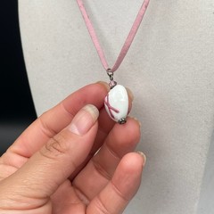 Vinatge Pink Ribbon Porcelain Heart Pendant Necklace Suede Cord Toggle