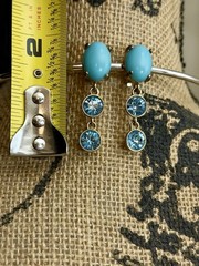 Vintage turquoise cabochon with blue crystals dangle drop clip-on earrings