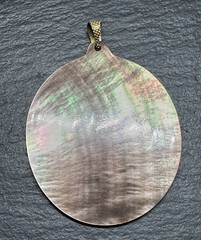 SMOKEY MOTHER OF PEARL OVAL CARVED 2.5″ PENDANT I577
