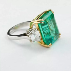 Transparent Green Emerald Cut 4.2CT Emerald & Two Fancy Diamond Three Stone Ring