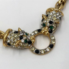 Vintage JACKIE COLLINS Rhinestone Cat Panther Leopard Gold Plated Necklace 19″