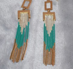 Vtg Pierced Hook Earrings w/ Box Chain Dangles Gold Silver Turquoise Color 4″