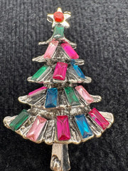 Rhinestone Christmas Tree Brooch Pink Green Blue Retro Holiday Pin