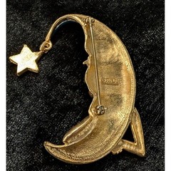RARE Erwin Pearl Man in the Moon Brooch Blue Enamel Gold Tone Celestial Star