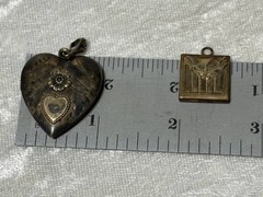 c1940 PAIR PHOTO LOCKETS FLORAL ACCENTED HEART & SMALL SQUARE
