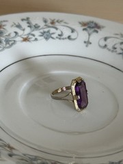 Vintage 18KT HGE Gold Plated Cocktail Ring, Emerald Cut Purple Glass size 6