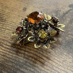 Vintage Austrian Rhinestone Brooch Autumn Orange Yellow Gold Tone Floral Pin