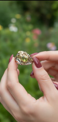 Vintage Art Nouveau Style Peridot Sterling Silver and 14K YG Vermeil Ring Size 8
