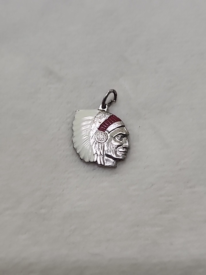 Native American Head Vintage Sterling Silver Enamel Bracelet Charm Pendant 2.4g
