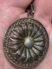 Antique Silver-Tone Sunflower Filigree Pendant