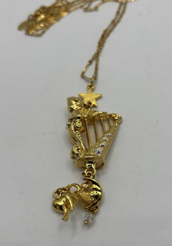 Vtg. Kirk’s Folly Angel Harp Necklace, Crystals, Rhinestones & Beautiful Chain