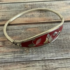Taxco Medico silver red enamel abalone tension bangle bracelet