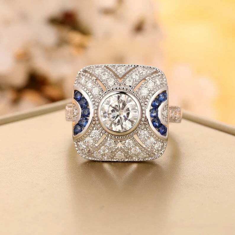 Art Deco Vintage Style Sapphire Lab Created Diamond Women’s Wedding Silver Ring