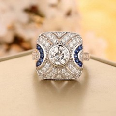 Art Deco Vintage Style Sapphire Lab Created Diamond Women’s Wedding Silver Ring