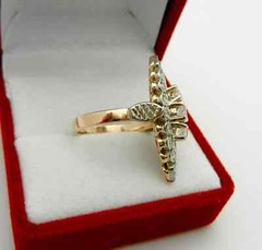 Vintage Solid 14k 585 Rose & White Gold Cluster Diamonds Navette Ring size 5.5