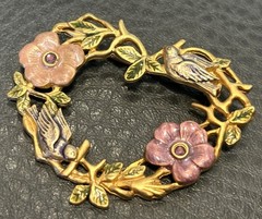 VINTAGE KC DESIGNER BROOCH RHINESTONE ENAMEL FLORAL HEART Bird VICTORIAN REVIVAL