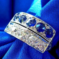 Original EARTH MINED DIAMOND SAPPHIRE Deco Statement Ring PLATINUM Filigree Band