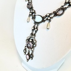 Vintage Moonstone Rhinestone Simulated Pearl Necklace Victorian Poured Glass