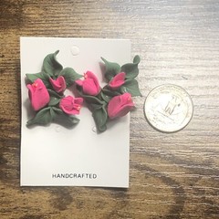 Vintage Post Earrings Pink Polymer Clay Flowers Rose Bush New