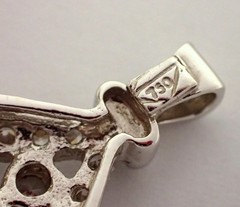 ESTATE Vtg Signed 2.9g SOLID 18k White Gold Glass Evil Eye CZ Necklace Pendant