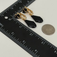 Vintage Jet Black Glass Earrings Gold Tone Clip On Dangles